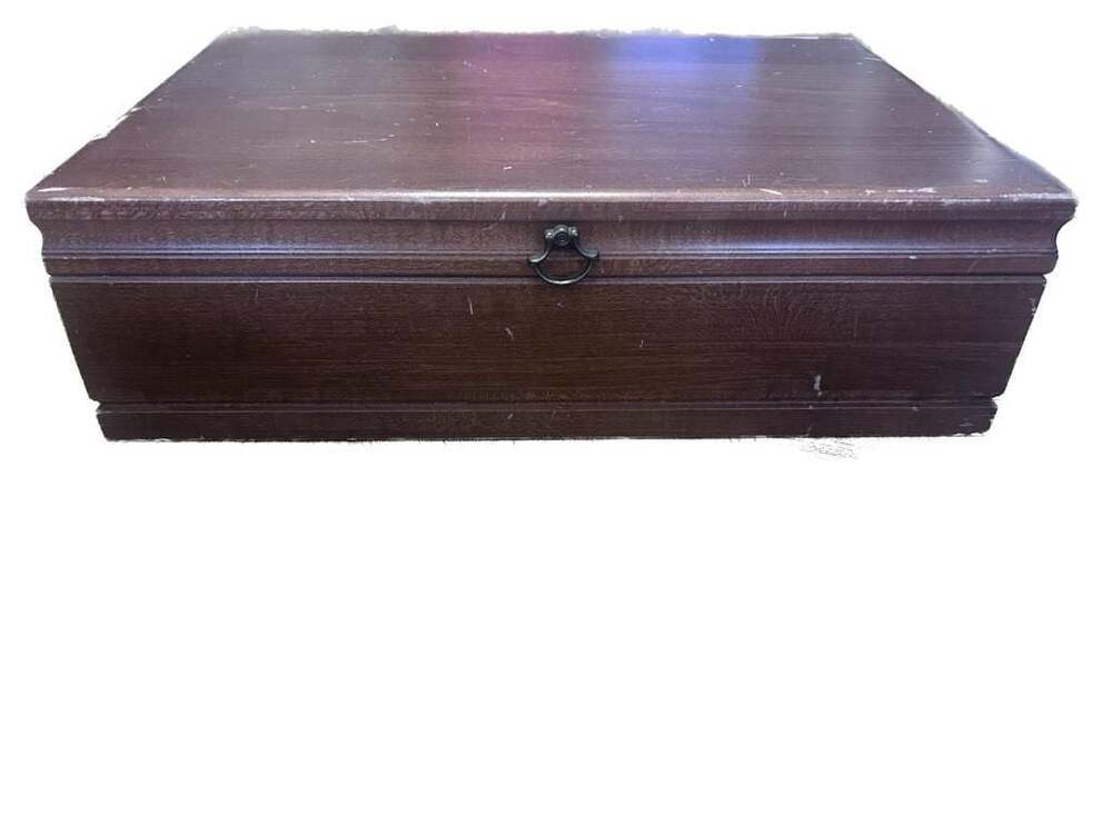 Vintage Wooden Flatware Storage Chest with Burgundy Interior Lining